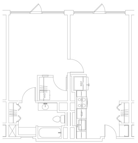 Floor plan for 1 bed, 1 bath, 660 sqft